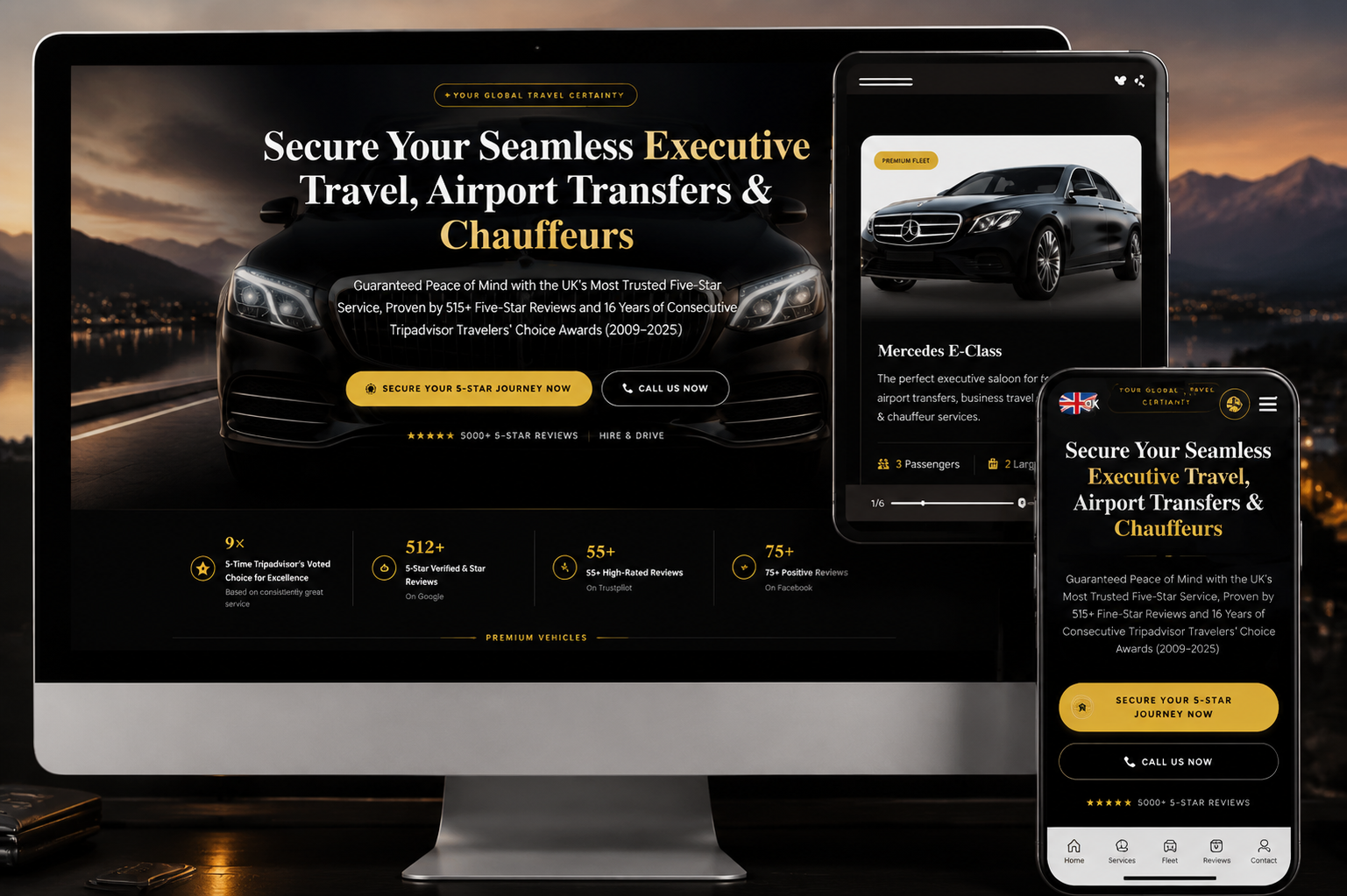 Taxis & Airport Services — luxury BMW chauffeur and airport transfer booking website screenshot